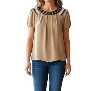 Tory Burch Shirt Top Size 6 Beaded Embellished Tunic Tan Designer Quiet Luxury